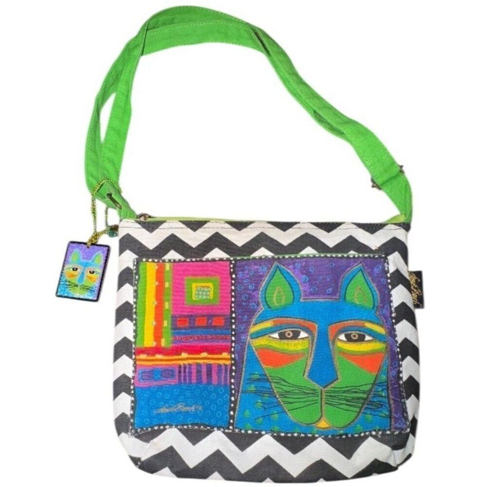 Laurel Burch Colorful Beaded Kitty Cat Crossbody Bag Zip Exterior Pockets